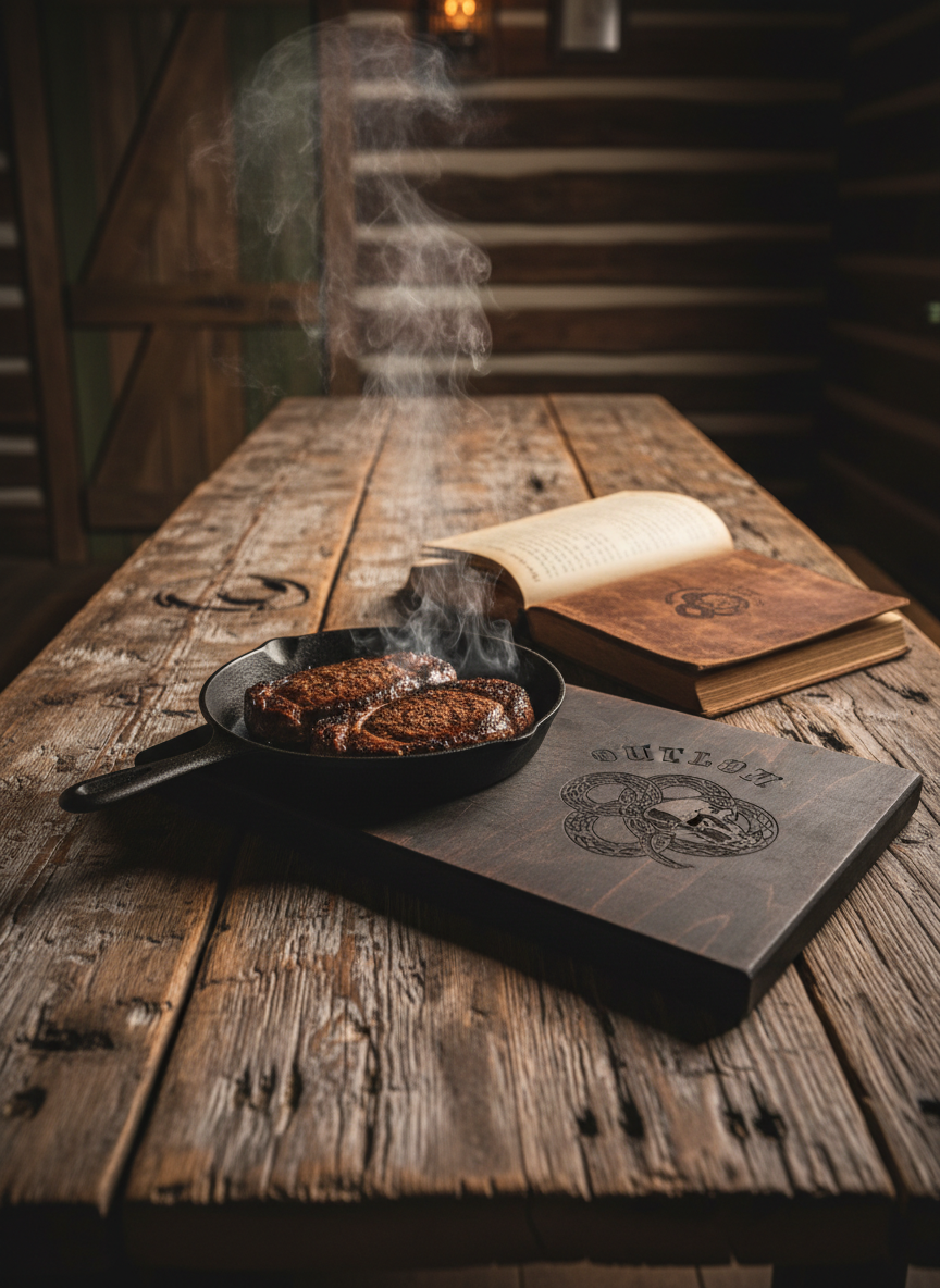 A heavy, weathered wooden supper club table made from reclaimed Montana barn planks, its surface scarred with knife marks and burn rings, stretches toward a backdrop of shadowy timbered walls. On the table sit a cast-iron skillet sizzling with seared steaks, a dark-stained cutting board engraved with a subtle outlaw emblem, and a rugged leather-bound cookbook propped open. Warm, low golden light from unseen lanterns rakes across the wood grain, casting long, bold shadows and highlighting curls of steam. Photographic realism, shot at eye level with shallow depth of field so the foreground food and branded cutting board are in razor-sharp focus, while the cabin interior fades into a velvety blur, conveying a dangerous, magnetic, old-west supper club atmosphere.