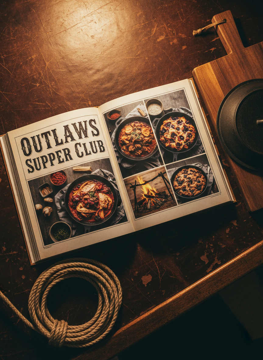 An overhead photographic view of an open cookbook titled “Outlaws Supper Club” on a scarred leather bar top, its thick matte pages filled with full-color images of rugged frontier-inspired dishes. Beside it rests a hand-burnished walnut cutting board, a cast-iron Dutch oven lid dusted with flour, and a coiled length of rawhide rope. Soft, diffused tungsten light from above and slightly to the side creates a warm glow, accentuating page texture and wood grain while casting subtle shadows between objects. The composition uses rule of thirds, with the book anchored prominently and kitchen tools radiating outward, suggesting a bold, story-driven cooking experience rooted in old west Montana outlaw lore, rendered in crisp, photographic realism.