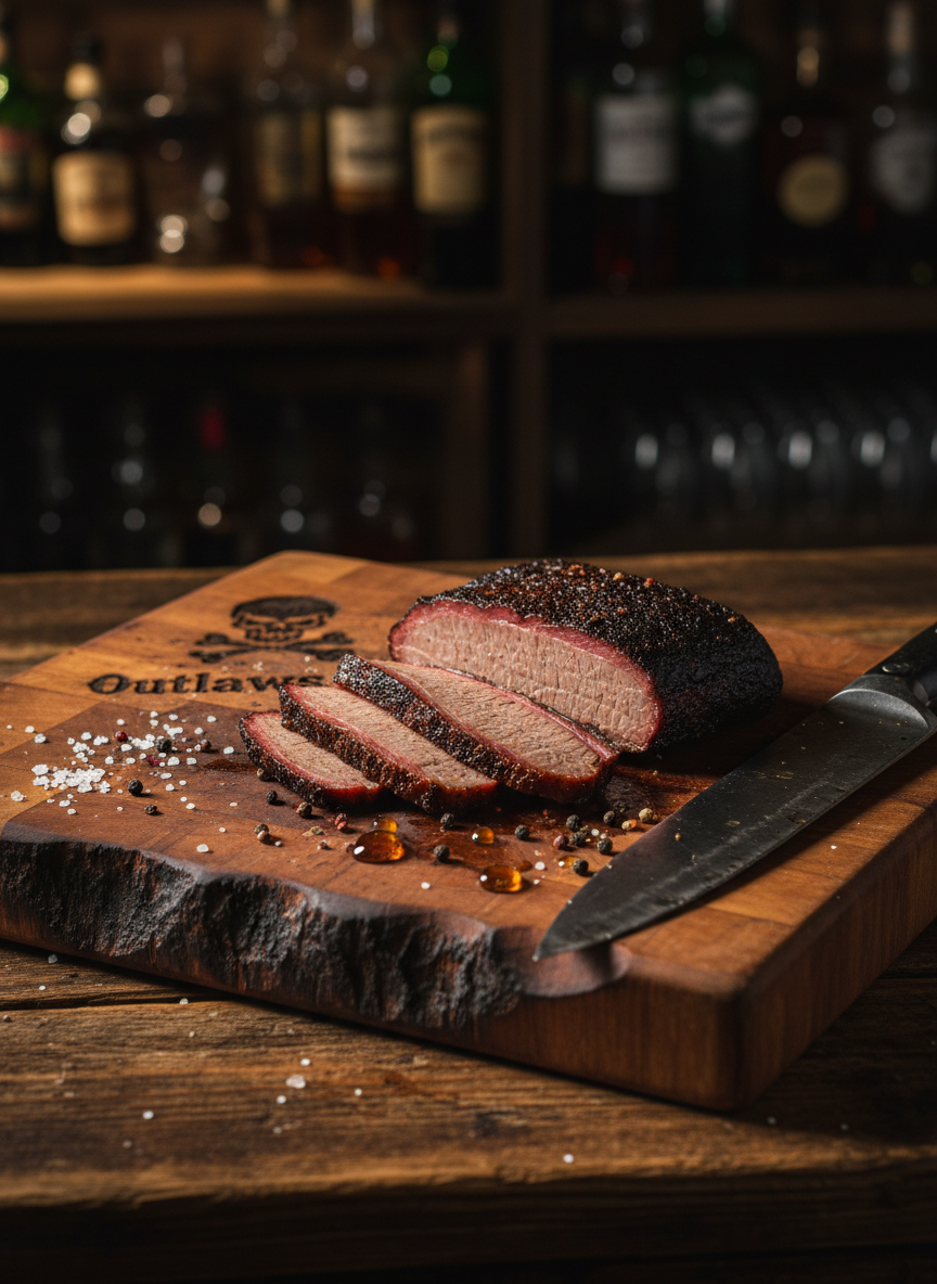 A close-up of a thick, charred-edge wooden cutting board branded with a small, burned-in outlaw skull icon and the word “Outlaws,” resting on a rough-hewn plank bar. A hefty chef’s knife with a matte, slightly worn blade lies beside precisely sliced smoked brisket, its bark glistening with rendered fat. Coarse salt, cracked black pepper, and a splash of dark whiskey bead on the board. Dramatic side lighting from a single warm source creates deep contrast and sharp highlights on metal and meat. Photographic realism, shot from a slightly elevated angle using shallow depth of field, with the background dissolving into a dim, saloon-like blur of bottles and dark wood, evoking a bold, dangerous culinary craft aesthetic.