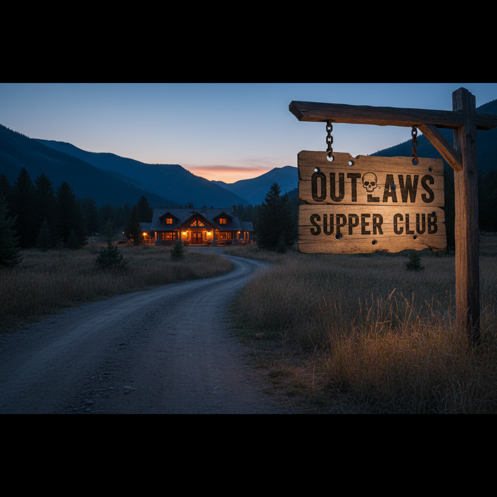 A long, narrow dirt road cuts through a remote Montana valley at dusk, leading toward a low, timber-and-stone supper club lodge whose few exterior lanterns burn fiercely against the encroaching blue twilight. In the foreground, a rough wooden sign stenciled with the word “Outlaws Supper Club” hangs crooked from iron chains, its edges splintered and bullet-pocked. The sky glows with the last orange band of sunset over dark mountain silhouettes. Photographic realism with a wide-angle, slightly low camera position, deep focus throughout, and moody, cinematic lighting that emphasizes the isolation and allure of the destination, suggesting future tickets to an off-the-grid, outlaw-inspired dining experience.