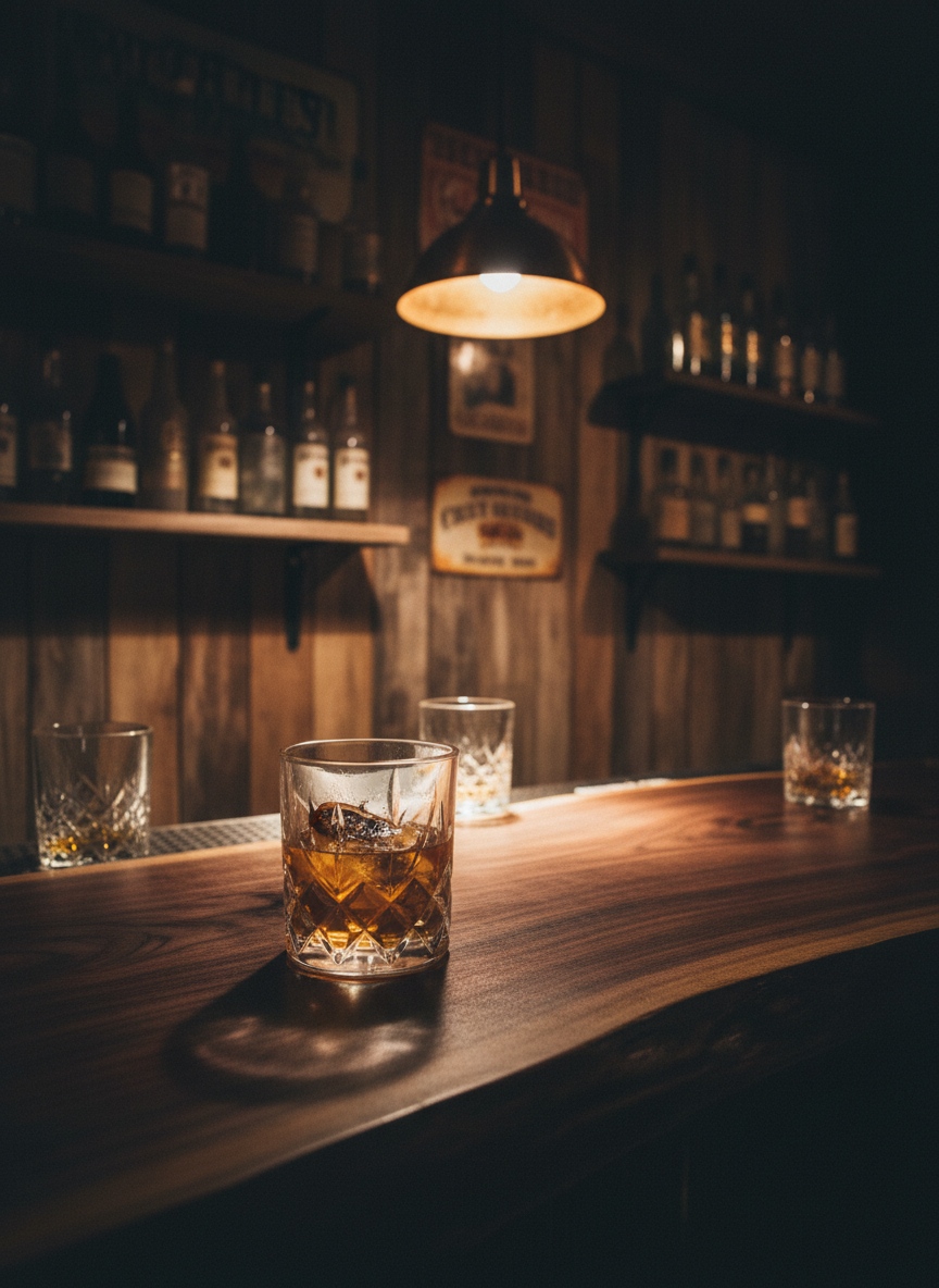 A dim, atmospheric interior shot of the Outlaws supper club bar: a thick, live-edge slab of dark walnut runs the frame, its surface dotted with heavy-bottomed crystal glasses filled with smoky amber whiskey and garnished with charred citrus wheels. Behind the bar, shelves of old, unlabeled bottles and weathered tin signs line knotty pine walls. A single overhead pendant with a metal shade casts a focused, golden cone of light, leaving the corners in near-black shadow. Photographic realism, captured from bar-top height with a slightly oblique angle so the nearest glass is in sharp, tactile focus while the rest falls into creamy bokeh, creating a bold, clandestine, old-west outlaw speakeasy mood.