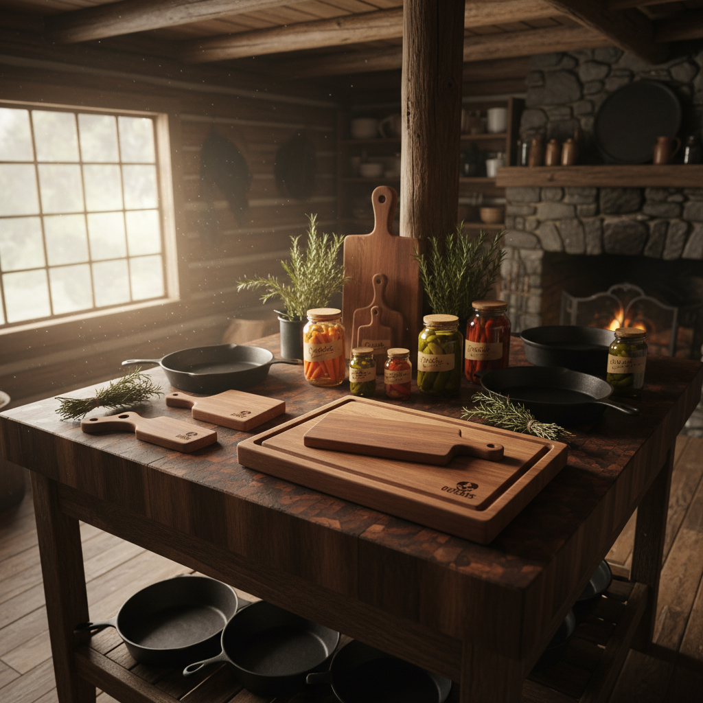 A rustic kitchen prep scene inside a frontier-style cabin: a massive, dark butcher-block island scarred with years of use stands under exposed log rafters. On the island rests a lineup of Outlaws-branded cutting boards in various sizes and wood tones, each engraved with a small outlaw insignia. Surrounding them are cast-iron pans, bundles of dried herbs, and jars of pickled vegetables with handwritten labels. Warm, directional light from a nearby window slants in, catching motes of dust and creating bright highlights along board edges. Photographic realism, captured from a three-quarter overhead angle with moderate depth of field so the central cutting board is hero-sharp, emphasizing craftsmanship and bold, rugged culinary preparation.