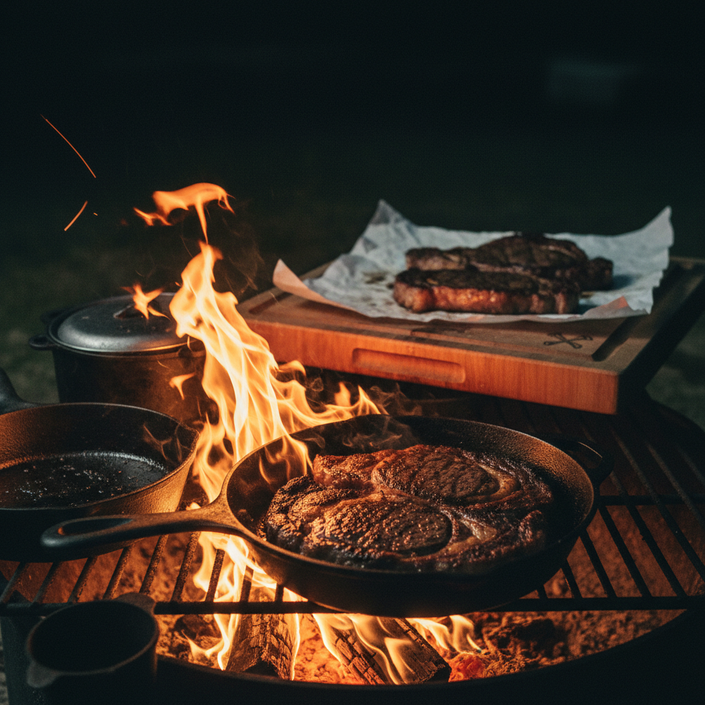A dramatic, close-up nighttime shot of a roaring outdoor campfire ringed by blackened cast-iron cookware at the remote Outlaws supper club property. In the foreground, a seasoned cast-iron skillet sits on a grill grate over open flames, its surface crowded with searing bone-in ribeyes, char blistered and juices sizzling. Behind it, a thick maple cutting board imprinted with a subtle outlaw emblem holds resting steaks under a sheet of butcher paper. The only light source is the fire itself, throwing flickering orange highlights and deep, dancing shadows across metal, meat, and wood. Photographic realism, low-angle composition with tight framing and shallow depth of field, evoking a bold, primal, outlaw-camp cooking class experience.