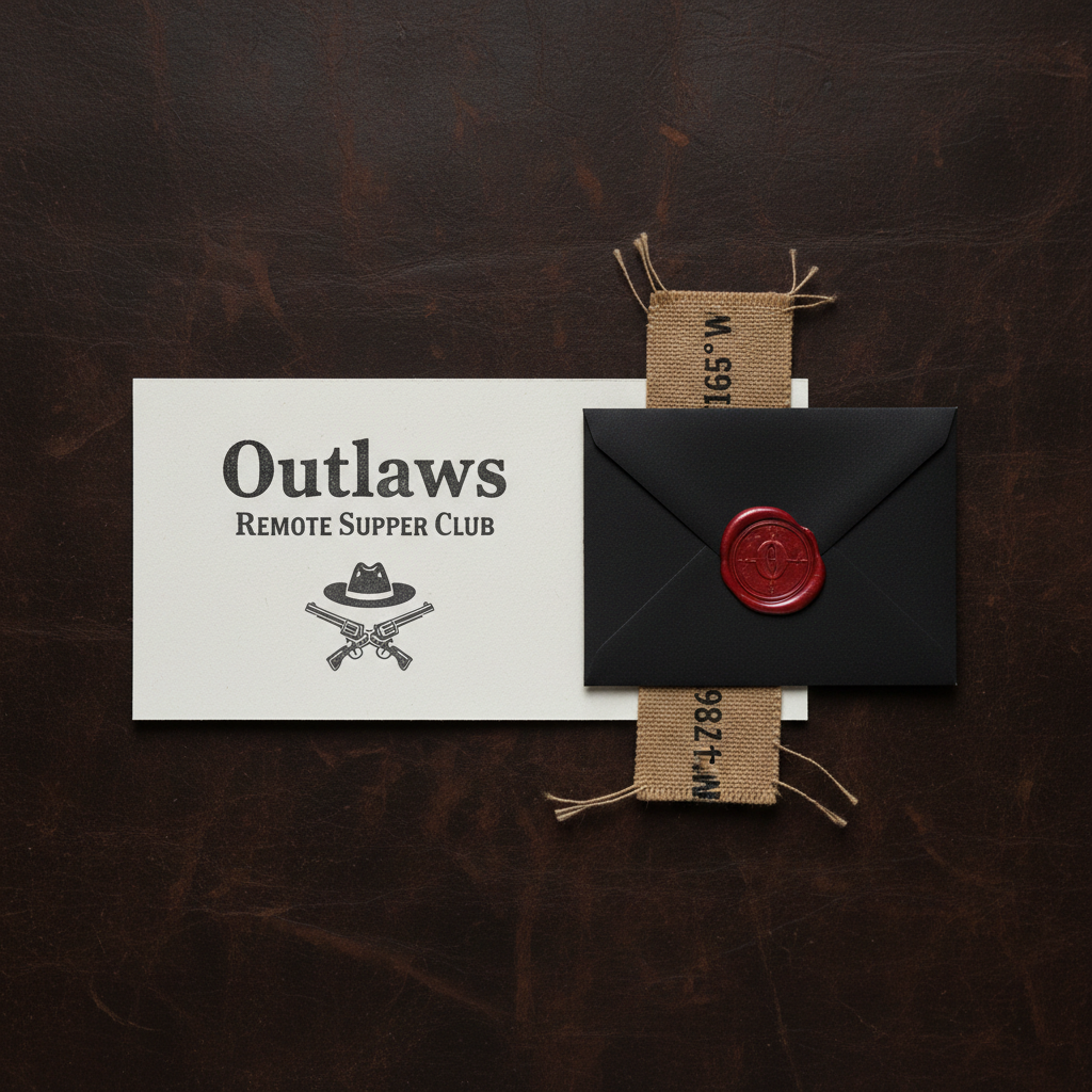 A stark, minimalist flat lay of an Outlaws supper club ticket package displayed on a dark, textured leather background. A heavyweight, off-white ticket with letterpress-printed “Outlaws Remote Supper Club” and subtle outlaw icon sits alongside a small, matte-black envelope sealed with a red wax emblem. A narrow strip of rugged canvas bearing GPS coordinates is folded beneath. Soft, diffused studio lighting from above eliminates harsh reflections, revealing rich paper fibers and leather grain. Photographic realism with sharp focus across the frame and clean, centered composition that feels bold and deliberate, communicating exclusivity and the clandestine nature of securing a future seat at this remote Montana outlaw dining experience.